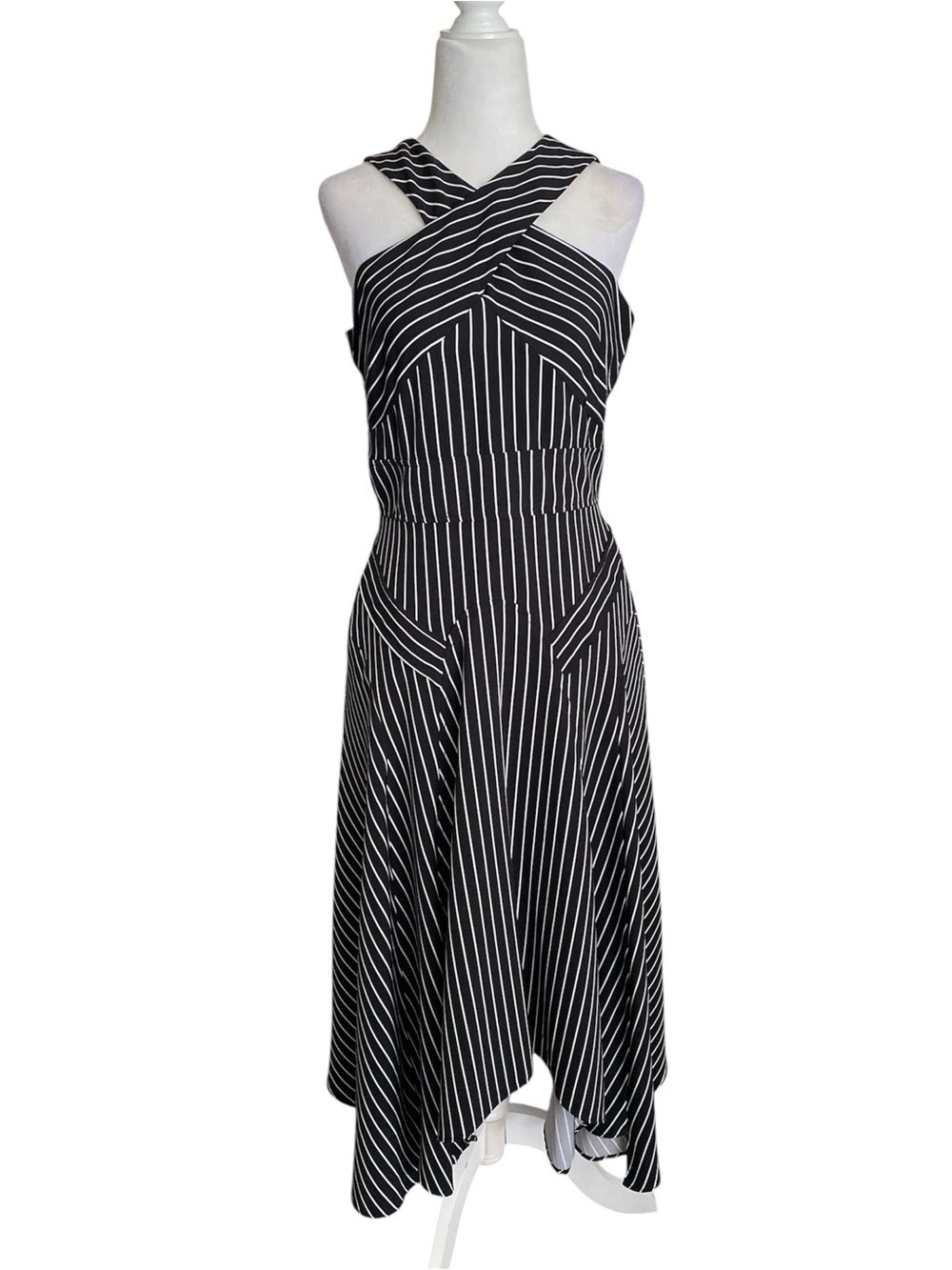 New York & company 90’s Black & White Striped Cross-Neck Midi Dress